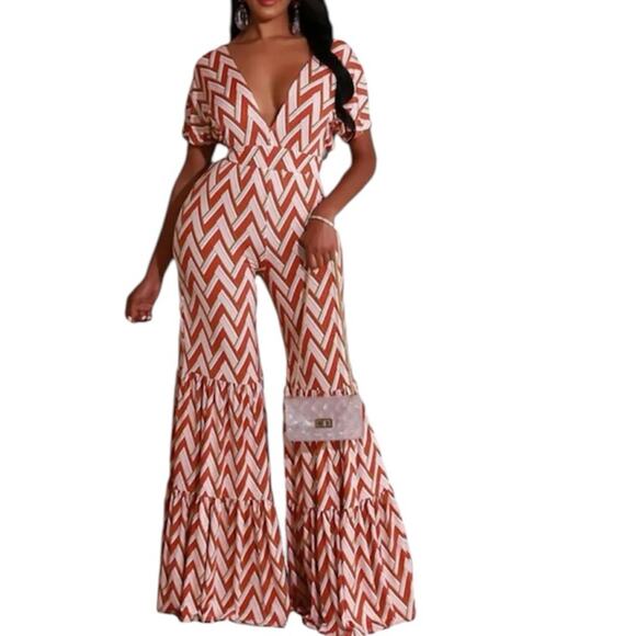 Orange and White Chevron Print 70’s Style Flare Leg Jumpsuit - Picture 1 of 10